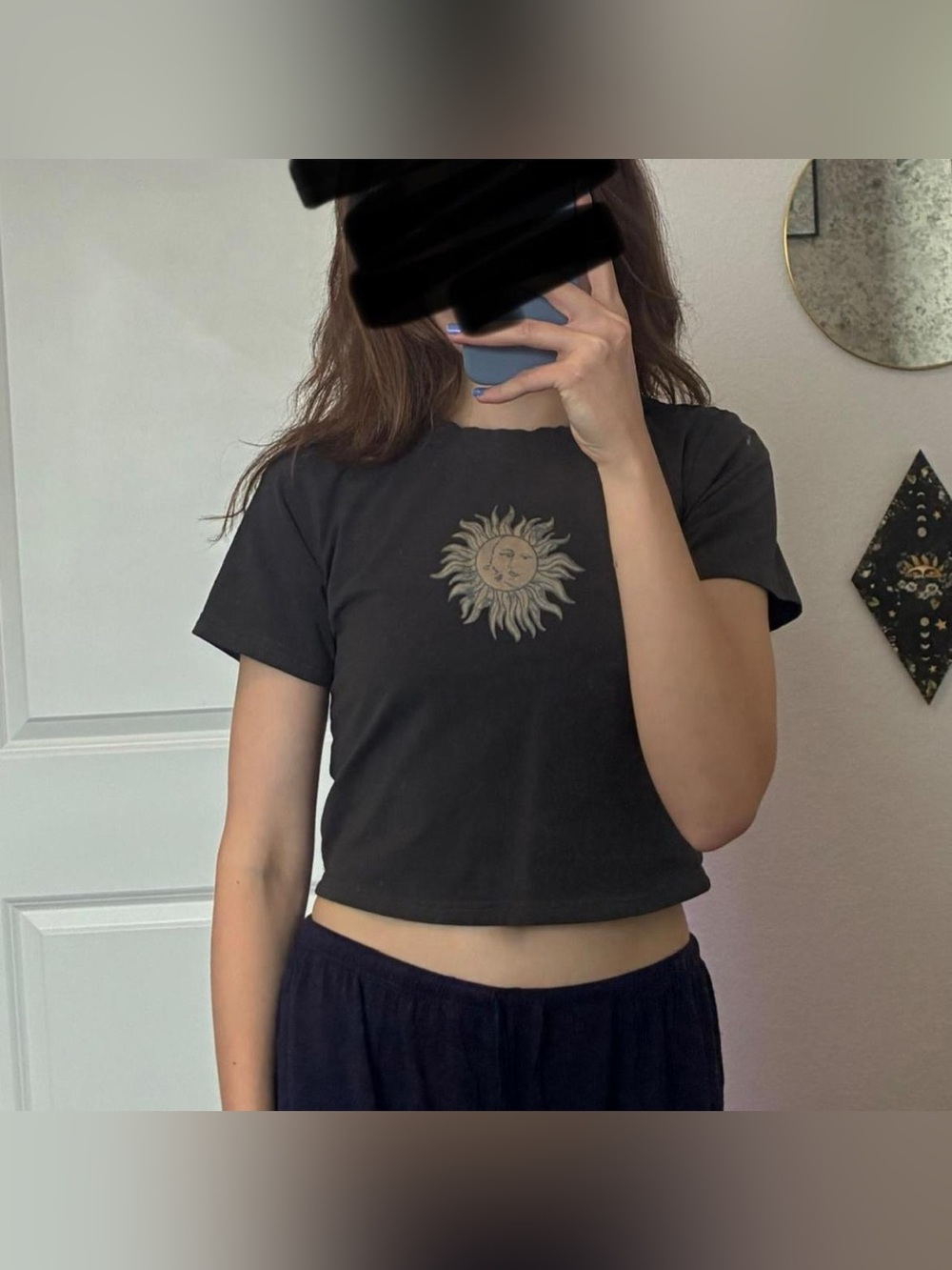 SHEIN dark grey moon and sun graphic crop tee